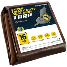 Heavy Duty Poly Tarp Cover, 16 Mil Thick, Brown Tarpaulin, Waterproof w/Grommets