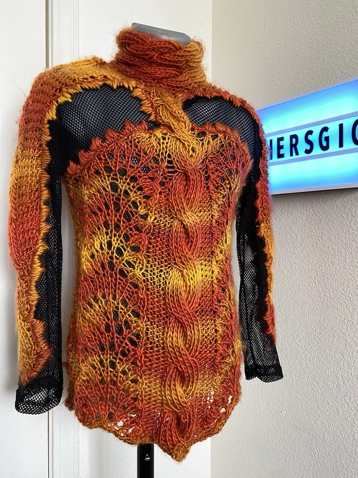 Suéter Tejido Avant Garde Para Hombre Pequeño Mujer Mediano HECHO A MANO Malla Web Suelta Abierta Foto 3 de 4