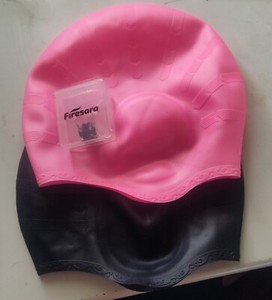 Firesara Swim Caps Set Of 2 Pink/Black Swimming Cap 3D Ergonomic W/Noseplug (J)