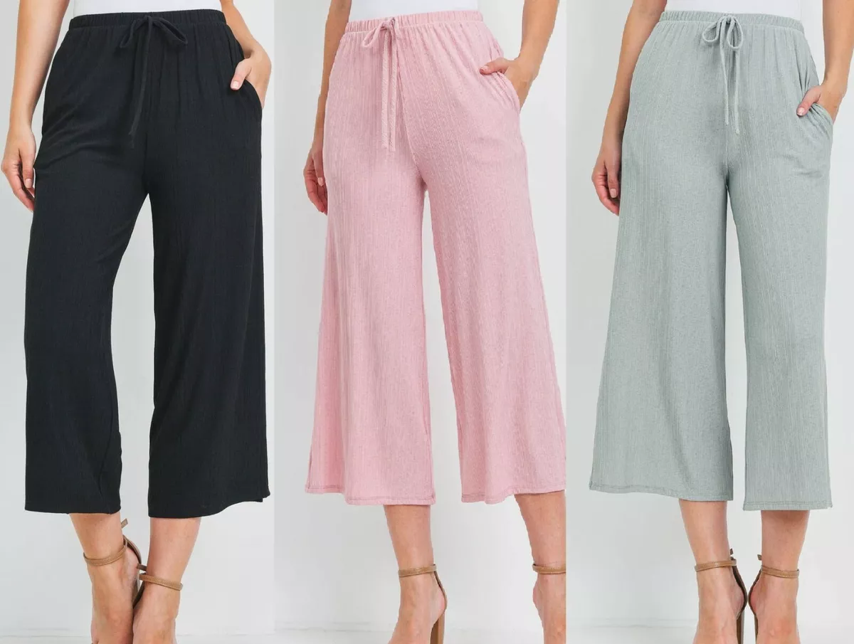 Wide Leg Rib Textured Knit Cropped Capri Gaucho Pants w/ Pockets