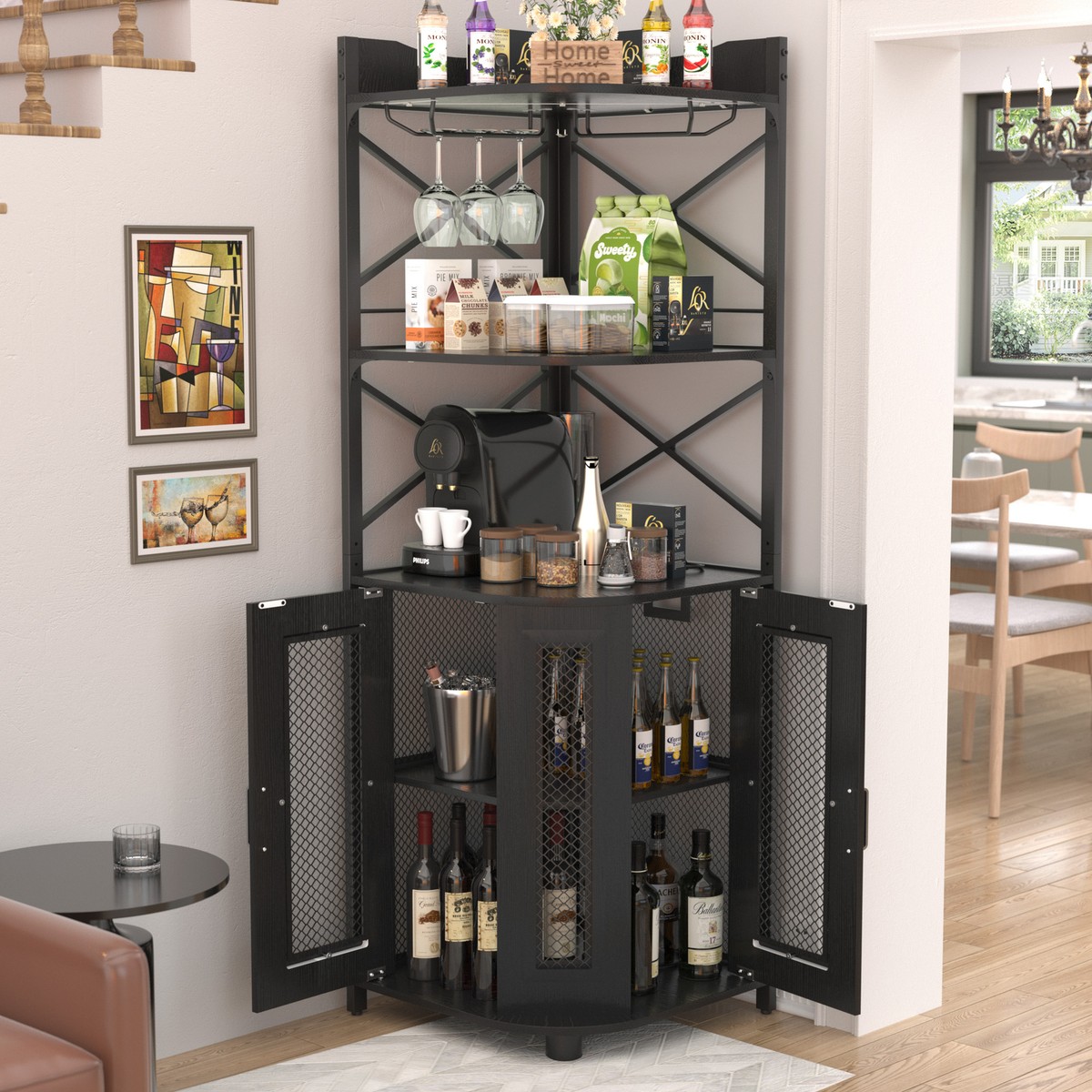 Farmhouse Corner Bar Cabinet with Glass Holder for Kitchen LED Liquor  Storage