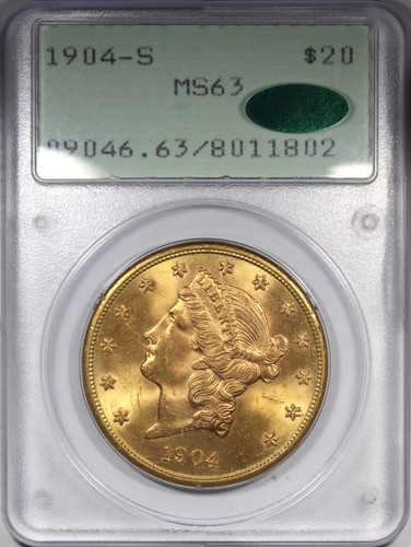 1904-S $20 Gold Liberty Double Eagle PCGS MS63 CAC Rattler OGH