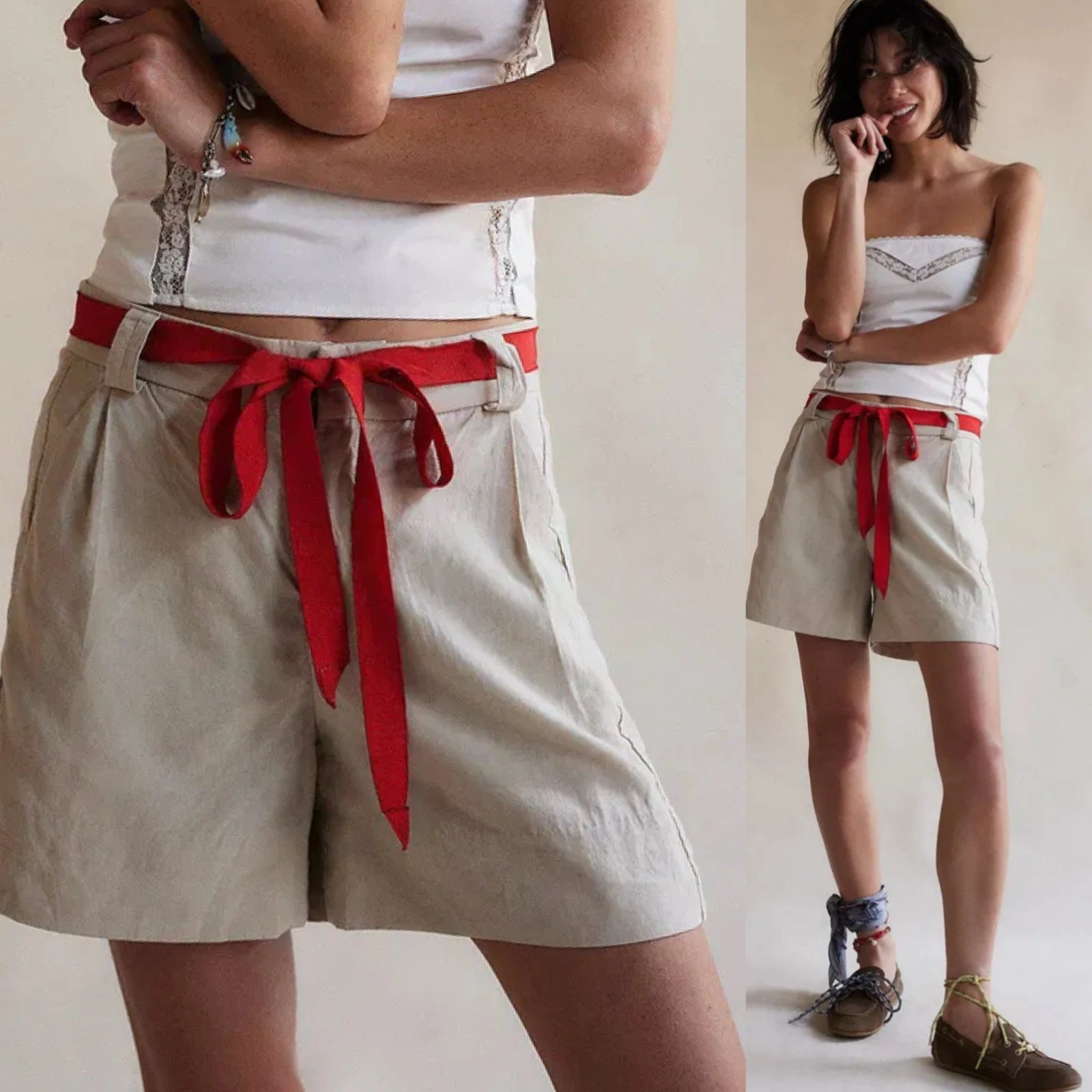 Free People shorts belted pleated linen blend trouser shorts 8