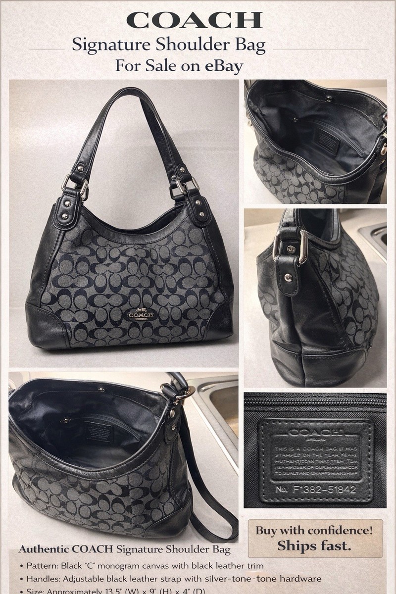 Coach Signature Shoulder Bag Black Canvas Leather Trim F1382-51842 