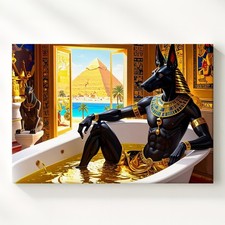 Opulent Anubis Canvasregally Lounging In Golden Tub With Egyptian Luxury Wall