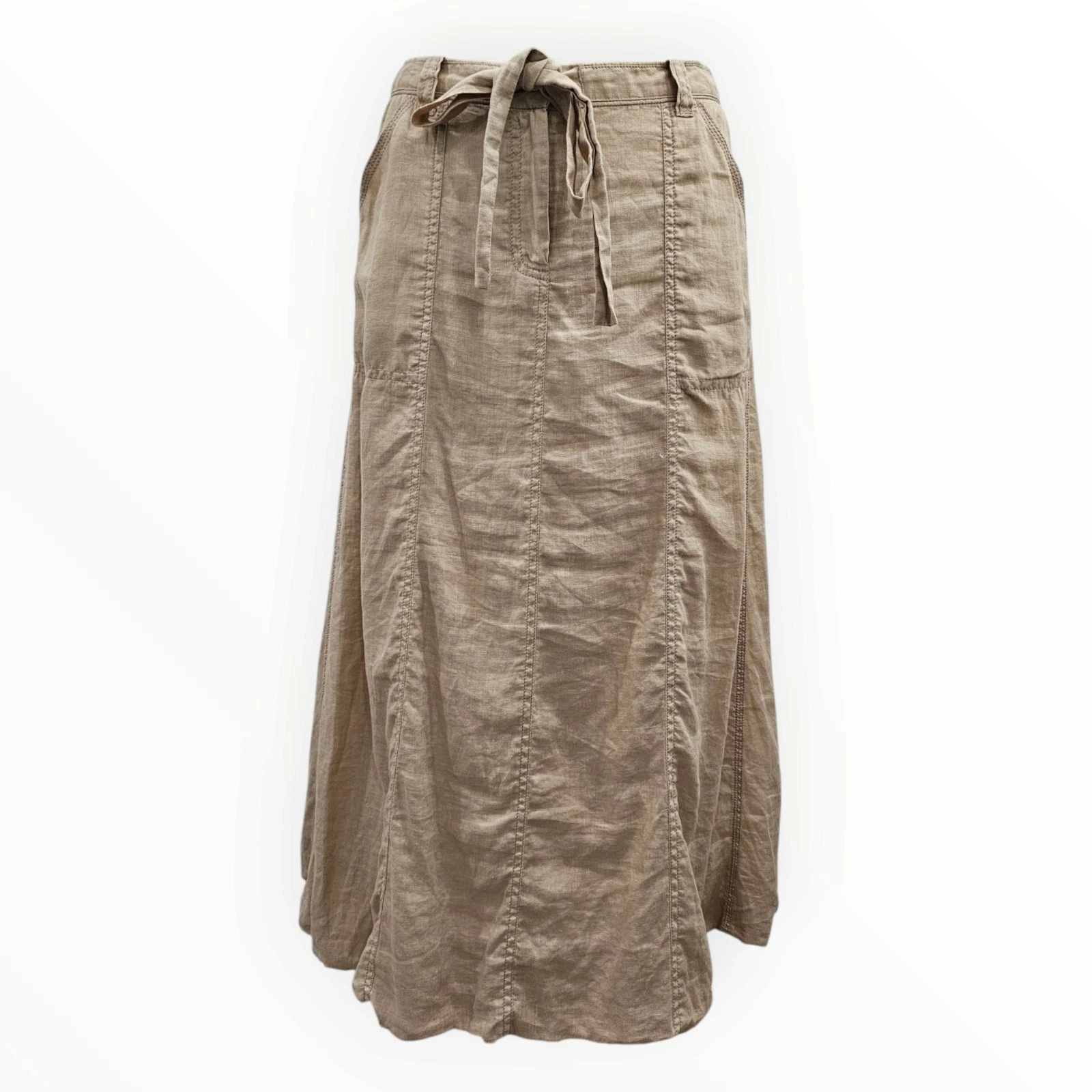 Pure DKNY Women 100% Linen Khaki Beige Tan Bubble Hem A-Line Midi Skirt 4
