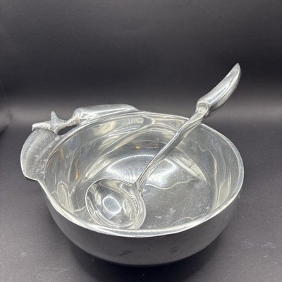 Complete 2-Pc Vintage Mundo de Pewter Pomegranate Salsa Dip Bowl & Ladle Set
