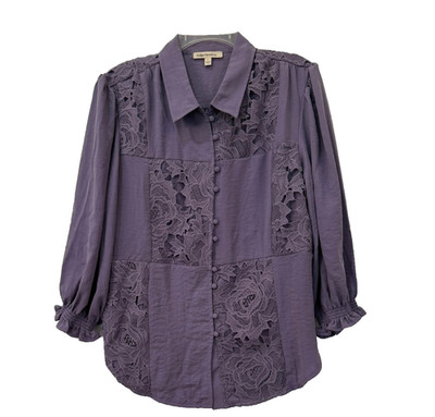 NWOT Indigo Thread Size Large Purple Lace Overlay Button Front Blouse