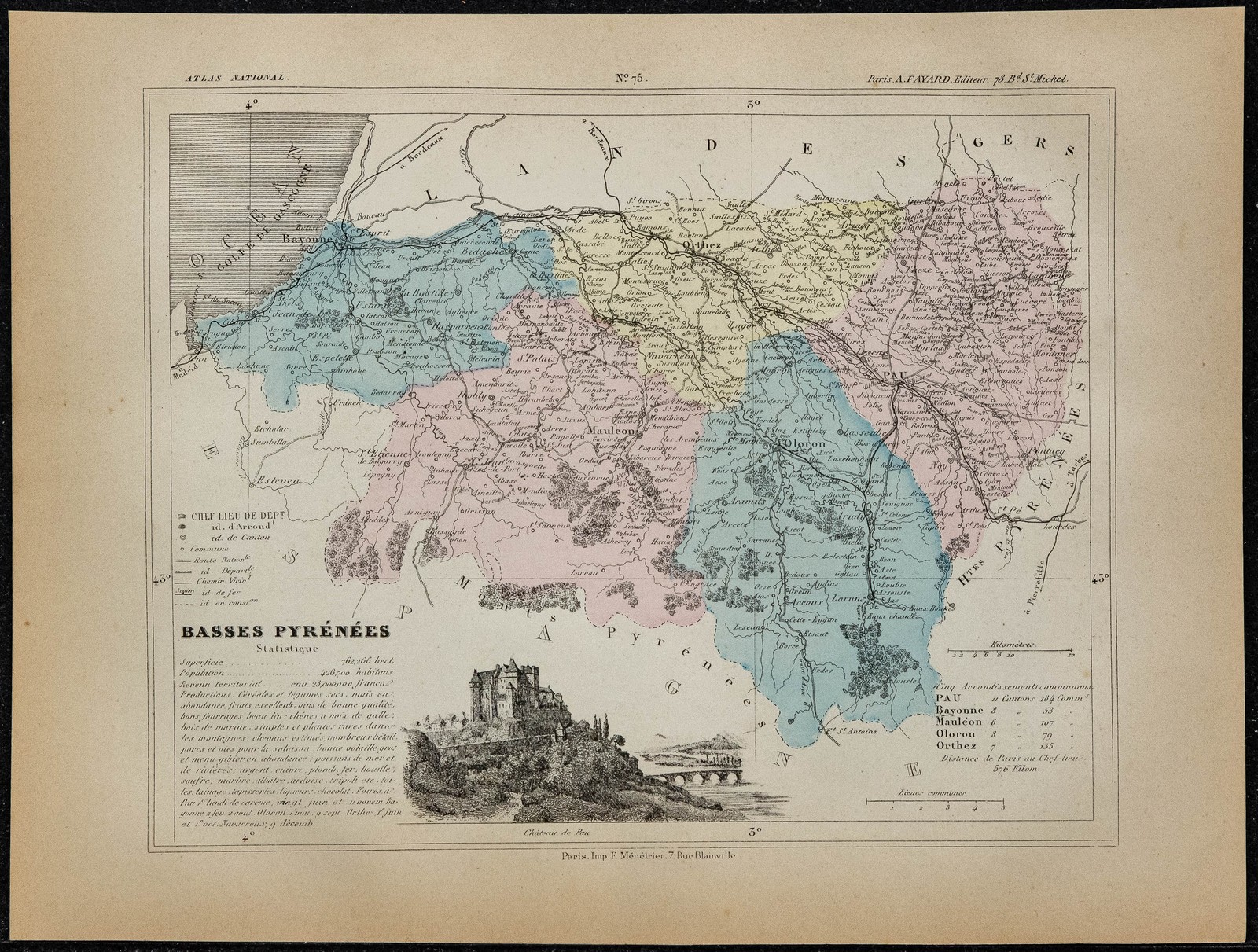 1880 - Mapa Antiguo Pirineos Atlánticos - Departamento Francés
