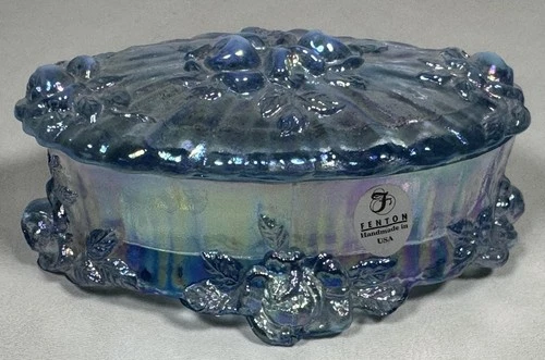 Fenton Iridescent Cabbage Rose Blue Glass Trinket Box Dresser Jewelry Dish