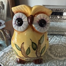 Ceramic Owl Bank Hand Painted Yellow Big Eyes