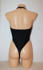 Women Thong Onepiece Leotard 203-09 Deep Neckline Open Back Black Spandex Size L
