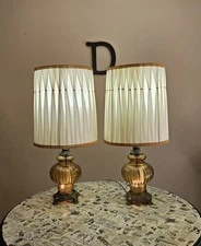 Vintage YELLOW Swag Glass Globe Gold Table Lamp Light Set of Two, 3 Way Antique