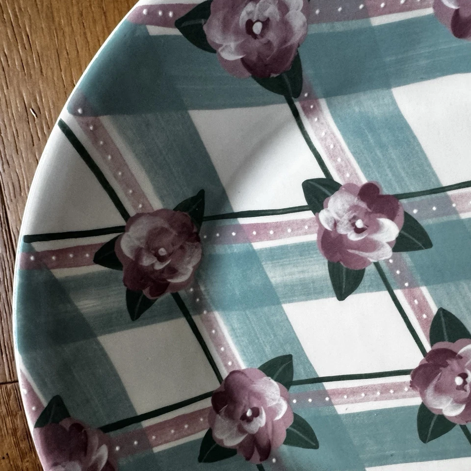 Vtg 90s Round 14”  Serving Platter  ceramic Flowers Plaid Pink Green Rose - Image 2 of 4