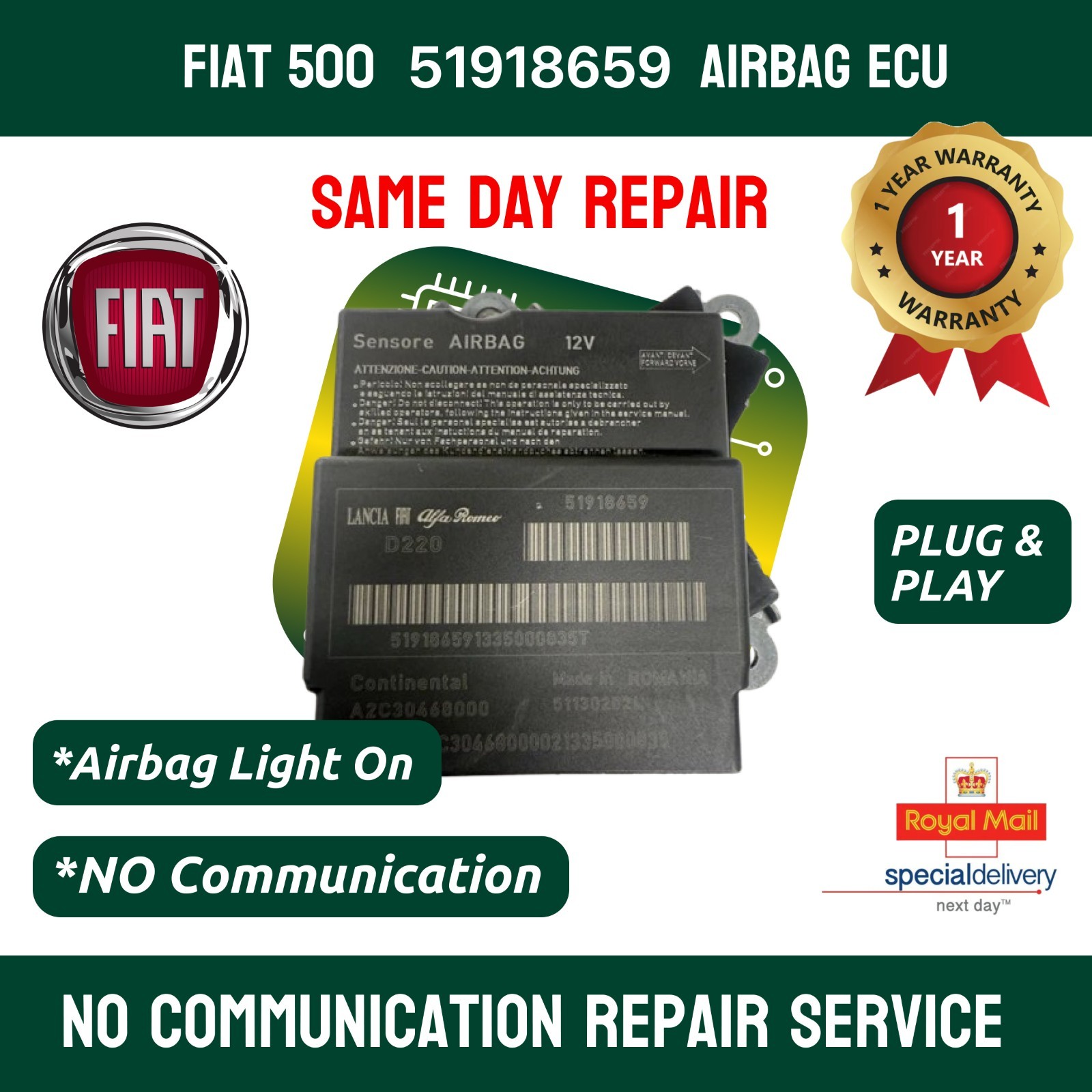 Fiat 500 51918659 Airbag ECU No Communication Postal Repair Service