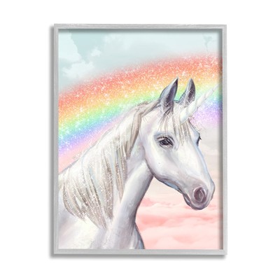 White Unicorn Under Sparkle Rainbow Cloudy Sky, Designed by Ziwei Li Gray Fra...