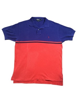 Polo Ralph Lauren Mens Medium Blue Red Colorblock Stripe Pique Polo Shirt