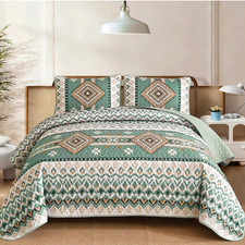 Sage Green Boho Quilt Set Queen Size, 3 Pieces Aztec Texture Bedspread Western Q