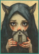 ACEO 2.5x3.5 watercolor painting - cat girl house whimsical fantasy surreal