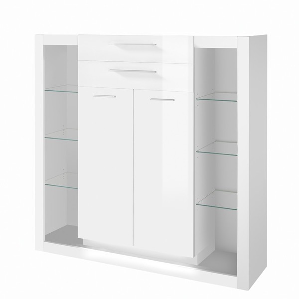 Highboard Vitrine Hochglanz Weiß Led Beleuchtung Kommode Wohnzimmer Sideboard-image