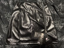 NWT Fluffy Sense Black Faux Leather Mini Skirt Size S High Waisted Side Zipper