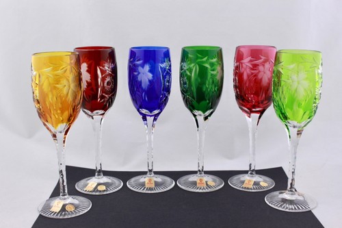 STUNNING SET OF 6 NACHTMANN CUT TO CLEAR MULTICOLOR CRYSTAL  FLUTES-MINT
