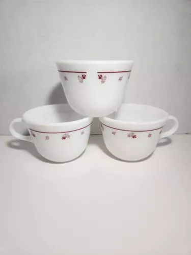 Vintage Pyrex Coffee Tea Cup Mug Burgundy Rose Milk Glass Corning Set of 3