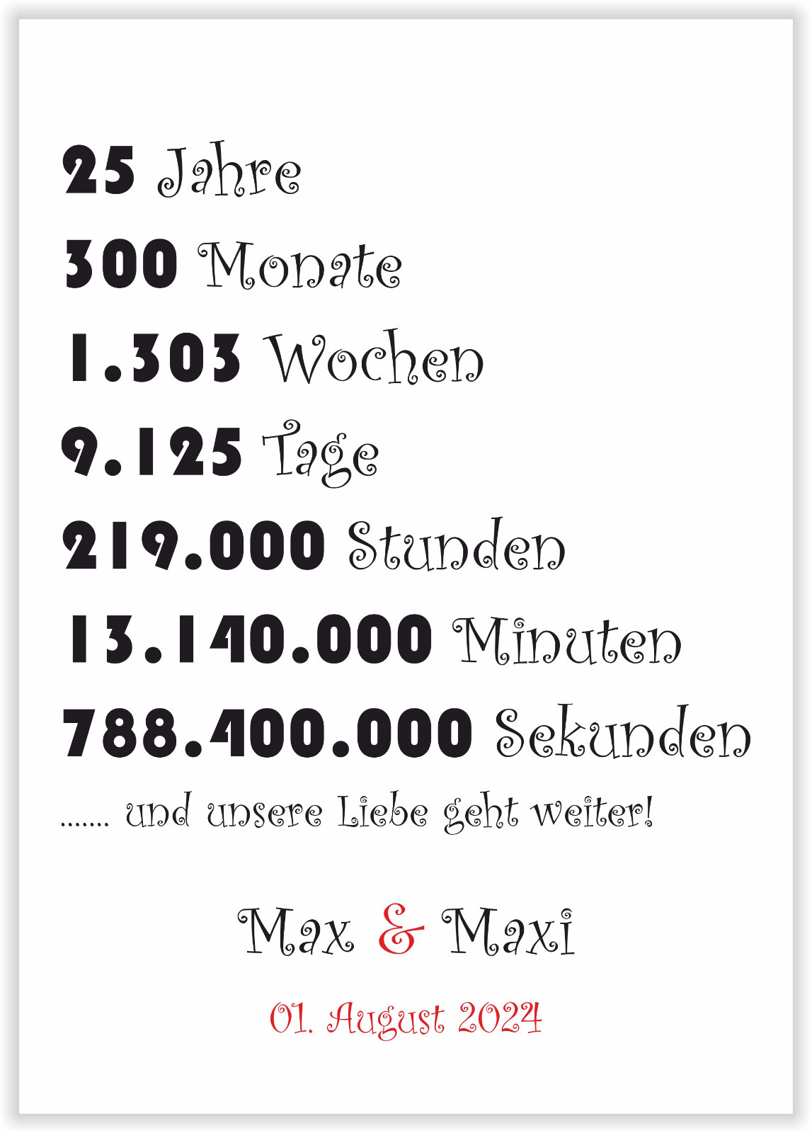 Jahrestag Hochzeitstag Geschenk 25 Jahre Geschenkidee für Paare Mann Frau DIN A4