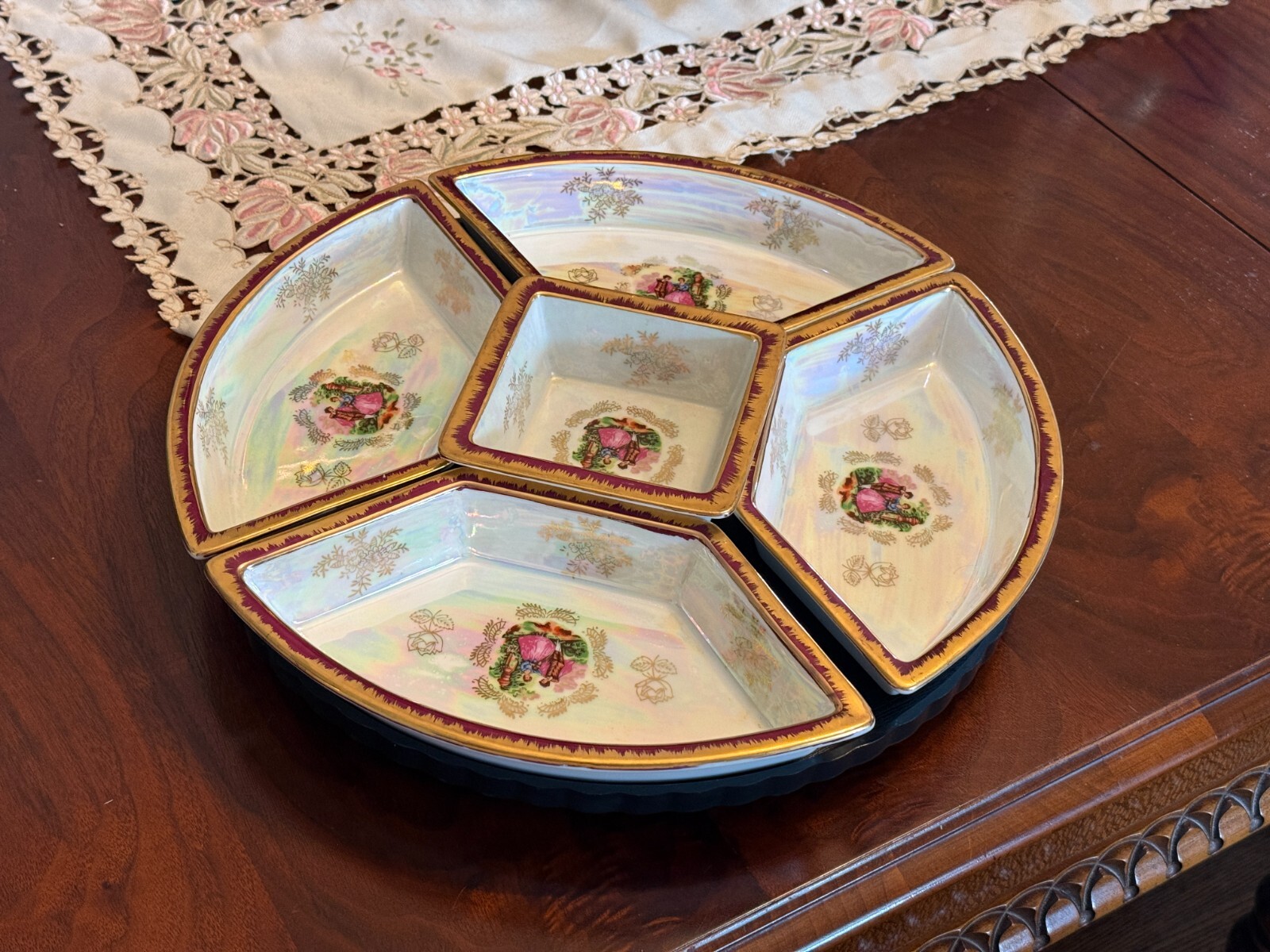 Vintage Ceramic Divided Serving Lazy Susan /Relish Dish 5 piece Set