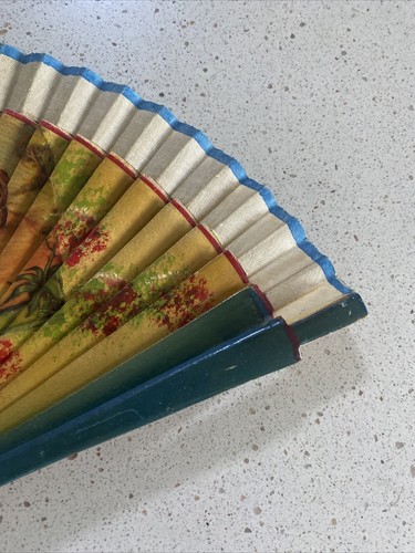 Antique Victorian Era Hand Fan Cloth Sandalwood Spanish Western Theme Free Ship - Picture 7 of 11