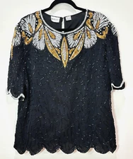 Vintage Denise Elle Beaded Sequin Top Womens 3X Gold Black 80s Wedding MotB