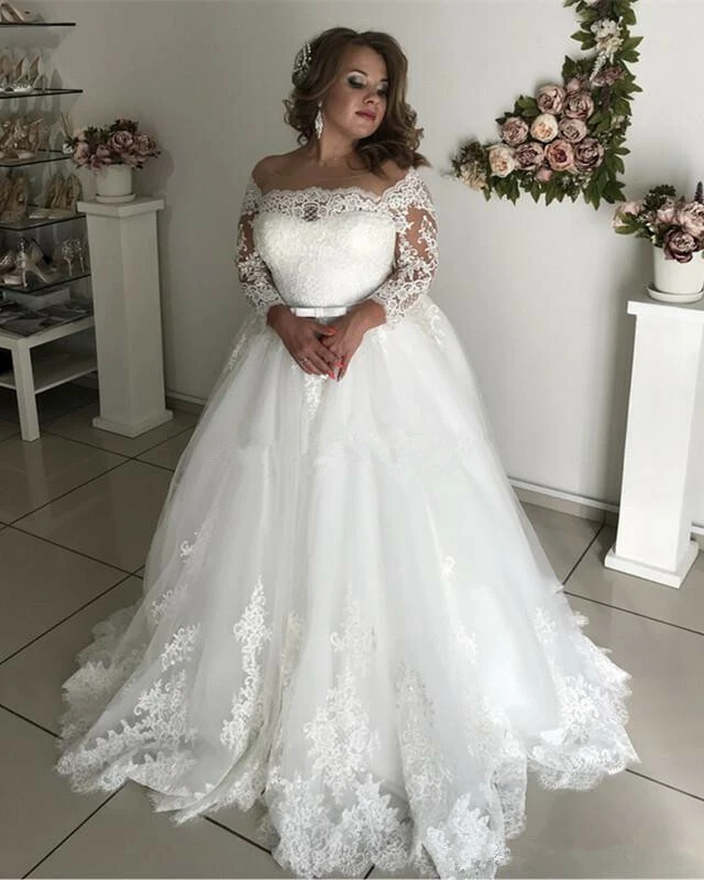 Vestidos de novia talla grande con apliques de encaje fuera del hombro vestidos de novia de ensueño Foto 2 de 4