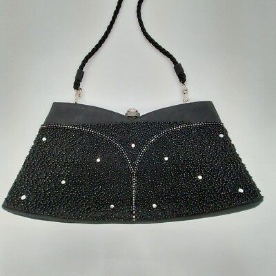 Gino Aldrovandi Black Rhinestone Evening Bag Kiss Lock Italy Shoulder Purse 10x6