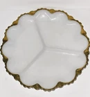 Vintage Anchor Hocking White Milk Glass Divided Dish Gold Scalloped Rim MCM