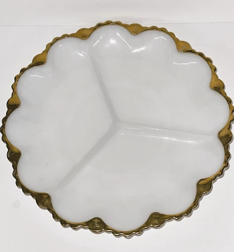 Vintage Anchor Hocking White Milk Glass Divided Dish Gold Scalloped Rim MCM