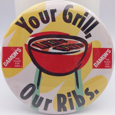 Vintage Damon's Grill Pinback Button Restaurant Advertising Ribs BBQ Meat Ohio