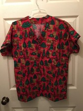 Christmas M Scrub Top Handmade Homemade Christmas Trees Noel Holiday Vivid