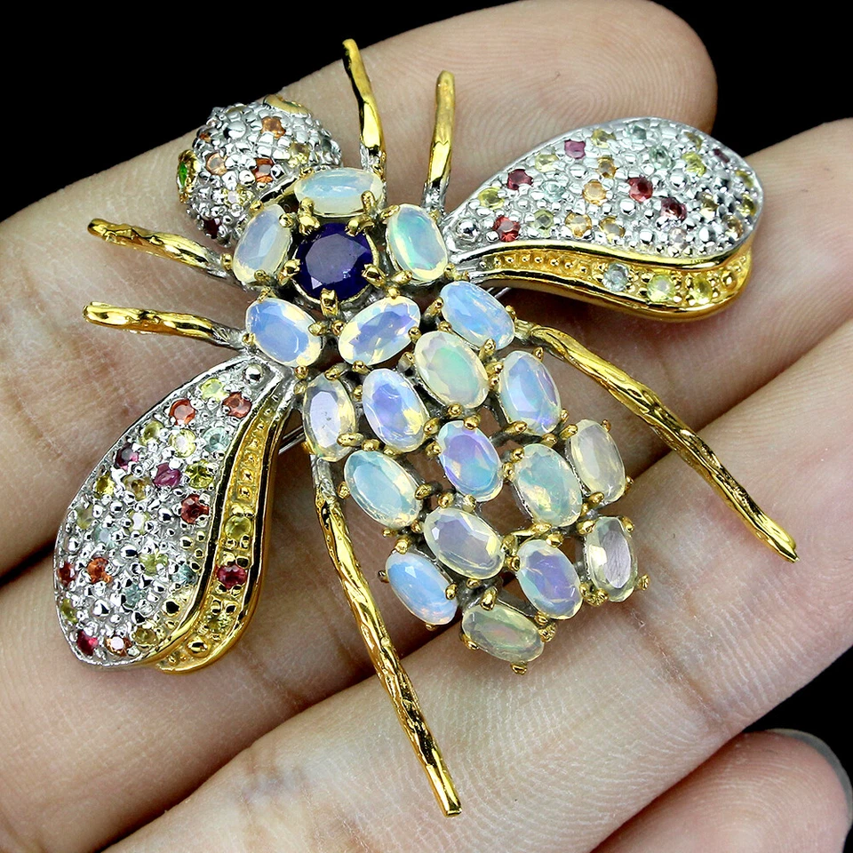 925 Argento Sterling Spilla Ovale Opale di Fuoco Zaffiro Ametista Ape Gemma - Immagine 2 di 4