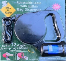 TAME Retractable Dog Leash - Large Black With a built-in bag dispenser - 15ft