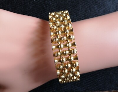 Rare Vintage Gold-Plated Cuff Bracelet Bamboo Texture Panel High End