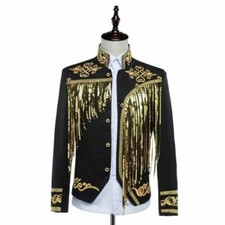 Men Sequins Embroidery Suit Dress Jacket Top Coat Tasseled Retro Perform Party