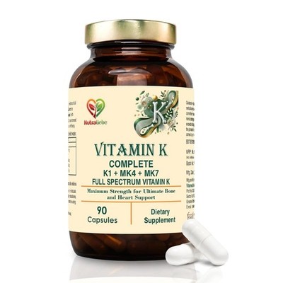 NutraLiebe Vitamin K Complex 90 Caps - High Potency K1 & K2, Non-GMO
