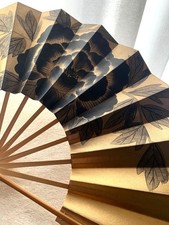 Gold and Black Flower Pattern Japanese Fan - Dance, Traditional, 29cm, Used
