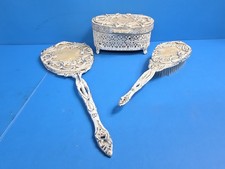 Vintage Hollywood Regency Vanity Set Heavy Cast Metal Mirror Brush Trinket Box