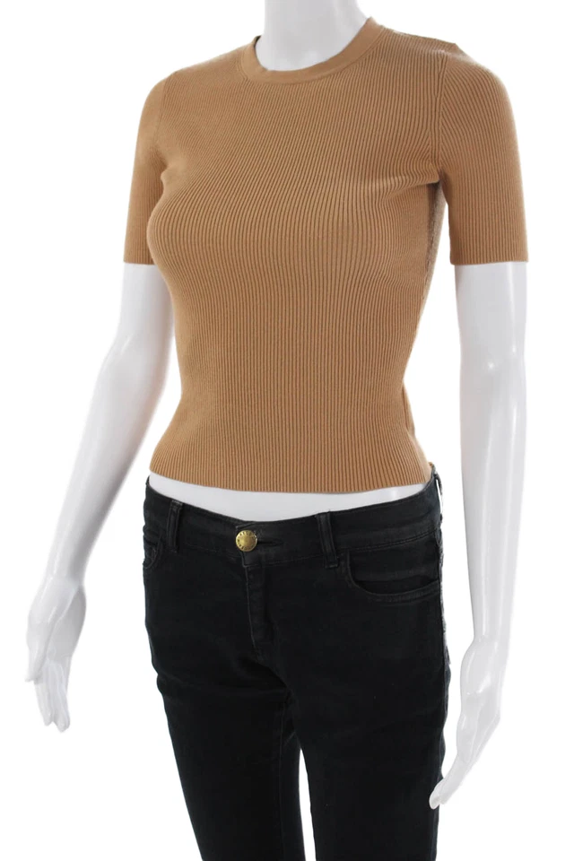 Camisa tejida acanalada cuello redondo manga corta Michael Kors Collection para mujer marrón XS Foto 2 de 4