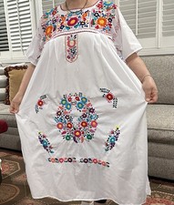 Oaxaca Embroidered Dress , peasant, floral, mexican Dress , hand made White M/L