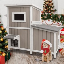 Outdoor Cat House Wooden 3-Room Large Weatherproof Openable Roof Escape Door