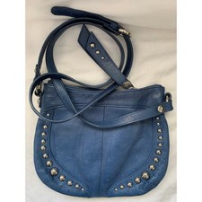 B. Makowsky Blue Leather Studded Crossbody Bag Leopard Print Lining BM-4147 620