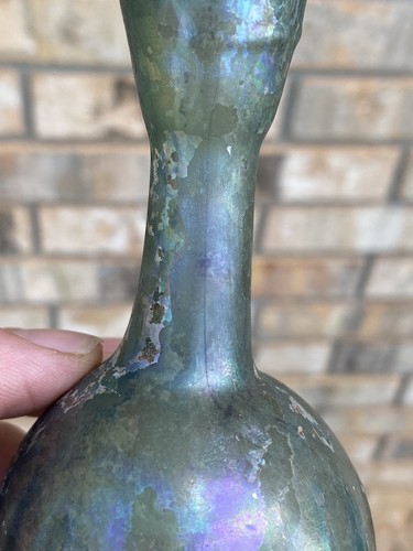 GREAT ANTIQUE ANCIENT ROMAN GLASS FLASK FUNNEL-SHAPED ESTUARY BOTTLE RIBBING - Picture 3 of 7