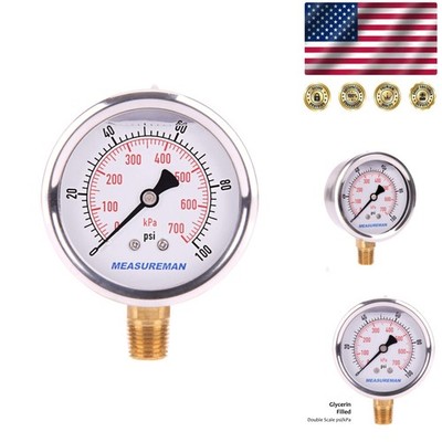 Accurate 0-100 psi/kPa Glycerin Pressure Gauge with 2.5 Inch Dial - Lower Mount